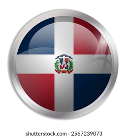 Dominican Republic flag - glossy circle button displays a colorful flag representing a country cultural identity and heritage. The essence of national pride and unity.