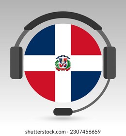 Dominican Republic flag with headphones, support sign. Vector illustration.