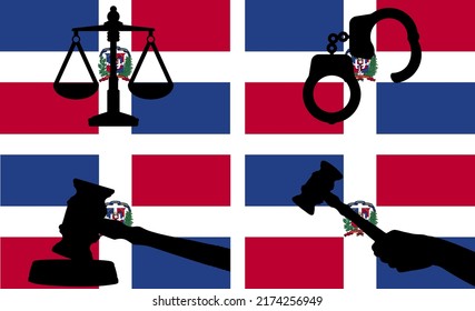 Dominican Republic flag with justice vector silhouette, judge gavel hammer and scales of justice and handcuff silhouette on country flag, Dominican Republic law concept, design asset, freedom idea