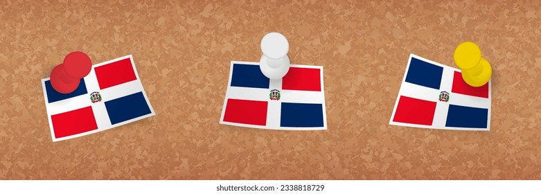 Dominican Republic flag pinned in cork board, three versions of Dominican Republic flag. Vector pushpins and flag set.