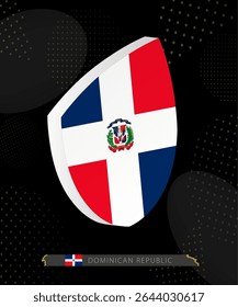 Dominican Republic Flag Shield icon in 3D on Dark Modern Abstract Rugby Background. Perfect for sports events, heritage themes, national celebrations, and patriotic designs.