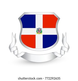 Dominican Republic flag in shield and ribbon. Vector illustration.