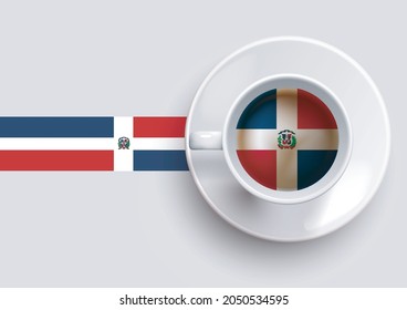 Dominican Republic flag with a tasty coffee cup on top view and a gradient background. Hot beverage with Dominican Republic flag, vector illustration.