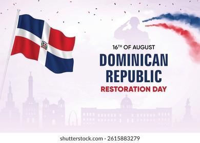 Dominican Republic Flag Waving On Skyline Background. Restoration Day Concept Design Vector Illustration.