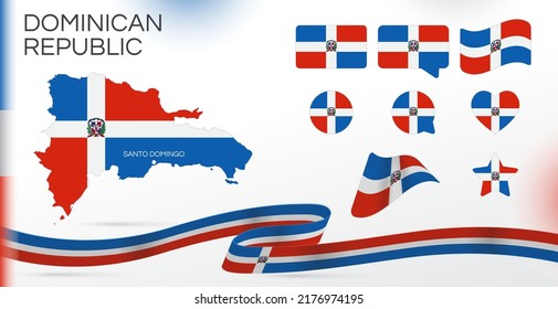 Dominican republic flags set. Various designs. Map and capital city. World flags. Vector set. Circle icon. Template for independence day. Collection of national symbols. Ribbon of flag. North America