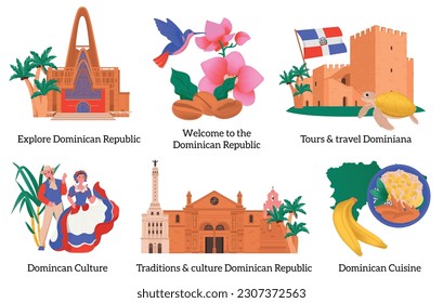 Dominican republic flat cartoon compositions with caption representing culture traditions cuisine isolated vector illustration