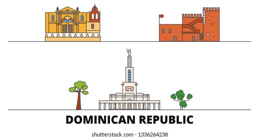 Dominikanische Republik: flache Wahrzeichen, Vektorgrafik. Dominikanische Republik Online-Stadt mit berühmten Sehenswürdigkeiten, Skyline, Design. 