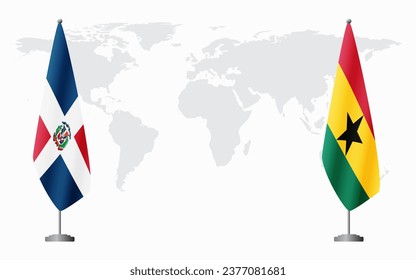 Dominican Republic and Ghana flags for official meeting against background of world map.