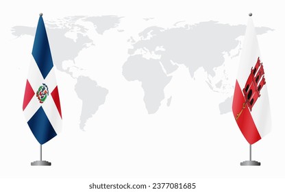 Dominican Republic and Gibraltar flags for official meeting against background of world map.