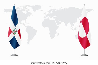 Dominican Republic and Greenland flags for official meeting against background of world map.