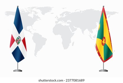 Dominican Republic and Grenada flags for official meeting against background of world map.