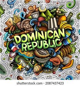 Dibujo a mano en República Dominicana con dibujos animados ilustrando el doodle. Gracioso diseño dominicano. Fondo vectorial creativo. Texto escrito a mano con objetos y elementos del país de América del Norte. 