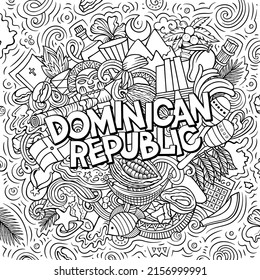 Dominican Republic hand drawn cartoon doodle illustration. Funny Dominicanian design. Creative vector background. Handwritten text with North American Country elements and objects.