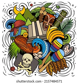 Dibujo a mano en República Dominicana con dibujos animados ilustrando el doodle. Gracioso diseño dominicano. Fondo vectorial creativo con objetos y elementos del País Norteamericano. Composición colorida