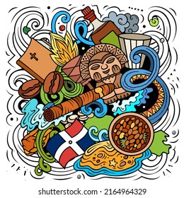 Dominican Republic hand drawn cartoon doodle illustration. Funny Dominicanian design. Creative vector background with North American Country elements and objects. Colorful composition