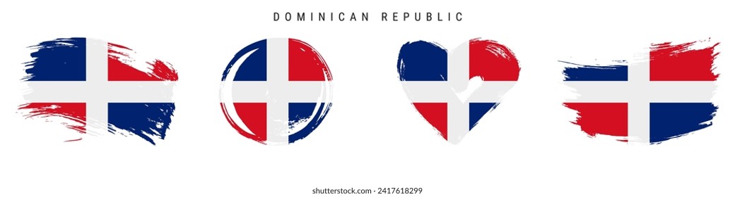 Dominican Republic hand drawn grunge style flag icon set. Republica Dominicana banner in official colors. Free brush stroke shape, circle and heart-shaped. Flat vector illustration isolated on white.