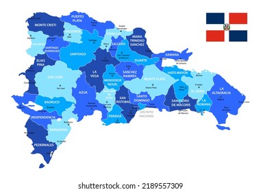 Dominican Republic highly detailed map. Vector blue illustration with borders, cities and national flag