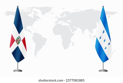 Dominican Republic and Honduras flags for official meeting against background of world map.