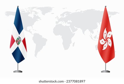 Dominican Republic and Hong Kong flags for official meeting against background of world map.