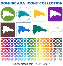 Dominican Republic icons collection. Bright colorful trendy map icons. Modern Dominican Republic badge with country map. Vector illustration.