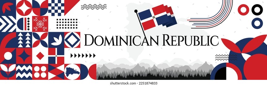 Dominican Republic Independence Day banner with name and map. Flag color themed Geometric abstract retro modern Design. White, red and blue color vector illustration template graphic design.