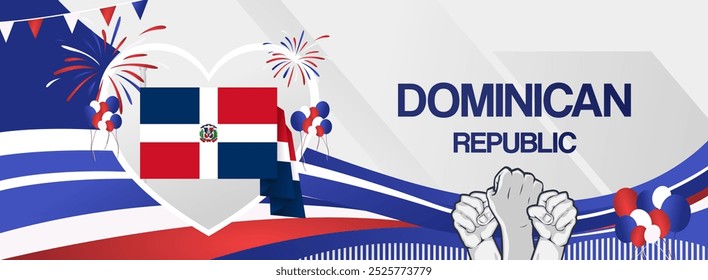 Dominican Republic Independence Day banner with flag. Modern abstract art for national holiday greeting cards, sport and music event posters, newsletter and headers. Horizontal background