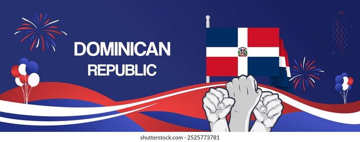 Dominican Republic Independence Day banner with flag. Modern abstract art for national holiday greeting cards, sport and music event posters, newsletter and headers. Horizontal background