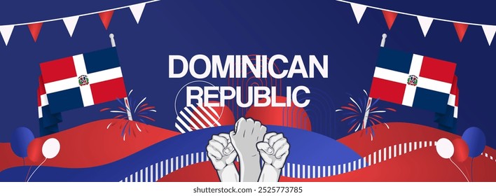 Dominican Republic Independence Day banner with flag. Modern abstract art for national holiday greeting cards, sport and music event posters, newsletter and headers. Horizontal background