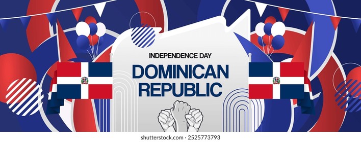 Banner do Dia da Independência da República Dominicana com bandeira. Arte abstrata moderna para cartões de Natal nacionais, cartazes de eventos de esporte e música, boletins informativos e cabeçalhos. Plano de fundo horizontal