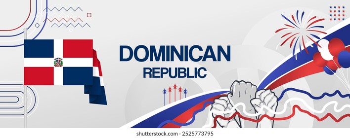 Dominican Republic Independence Day banner with flag. Modern abstract art for national holiday greeting cards, sport and music event posters, newsletter and headers. Horizontal background