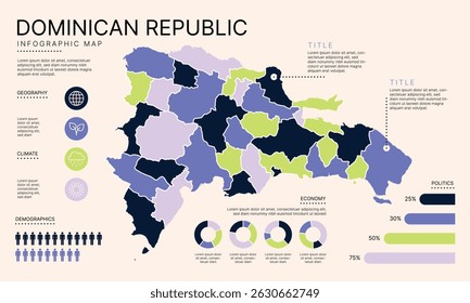 Mapa Infográfico da República Dominicana com distritos administrativos separados, camadas separadas editáveis, zonas e elementos de visualização de dados. Mapa infográfico para apresentação. Ilustração vetorial