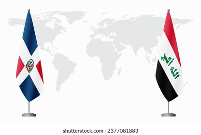 Dominican Republic and Iraq flags for official meeting against background of world map.