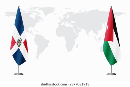 Dominican Republic and Jordan flags for official meeting against background of world map.