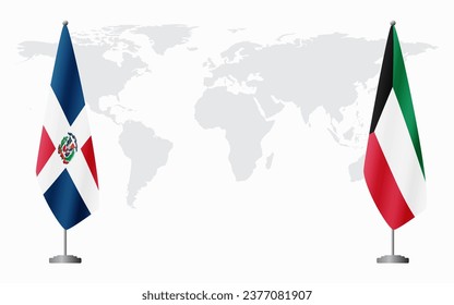 Dominican Republic and Kuwait flags for official meeting against background of world map.