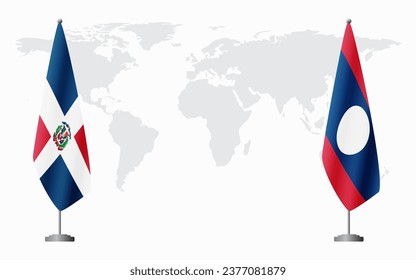 Dominican Republic and Laos flags for official meeting against background of world map.