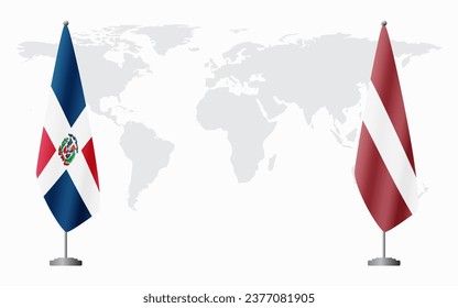 Dominican Republic and Latvia flags for official meeting against background of world map.