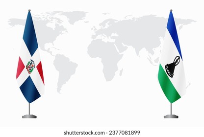 Dominican Republic and Lesotho flags for official meeting against background of world map.