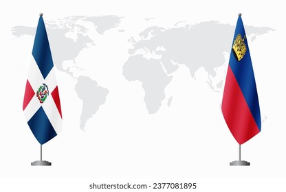 Dominican Republic and Liechtenstein flags for official meeting against background of world map.