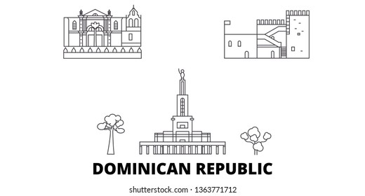 Dominican Republic line travel skyline set. Dominican Republic outline city vector illustration, symbol, travel sights, landmarks.