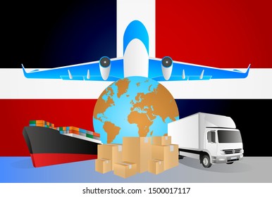 Dominican Republic logistics concept illustration. National flag of Dominican Republic from the back of globe, airplane, truck and cargo container ship