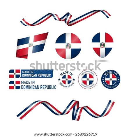 Dominican Republic made in logo. Set of design flags label icon, stripes, ribbons