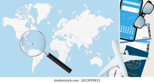 Dominican Republic is magnified over a World Map, illustration with airplane, passport, boarding pass, compass and eyeglasses. Vector illustration.