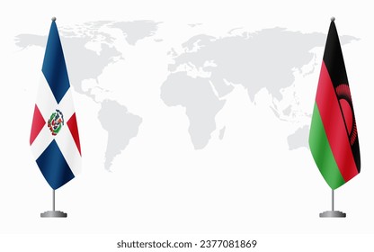 Dominican Republic and Malawi flags for official meeting against background of world map.