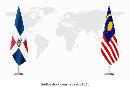 Dominican Republic and Malaysia flags for official meeting against background of world map.