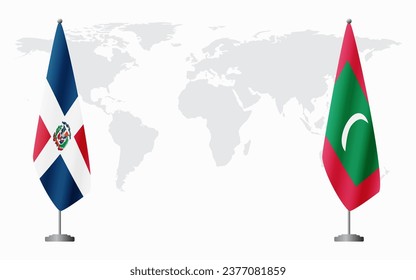 Dominican Republic and Maldives flags for official meeting against background of world map.