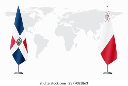 Dominican Republic and Malta flags for official meeting against background of world map.