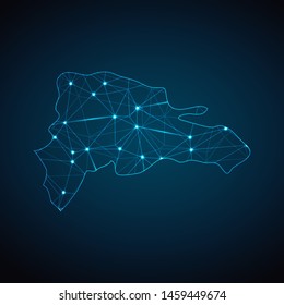 Dominican Republic Map - Abstract geometric mesh polygonal network line, structure and point scales on dark background with lights in the form of cities. Vector illustration eps 10.