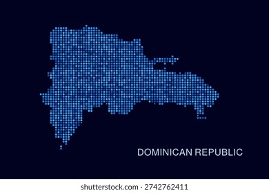 Dominican Republic Map - Blue Dotted Halftone Vector Illustration on Dark Navy Background, Abstract Circle Grid Silhouette Design for Infographic and Modern Presentation Use.