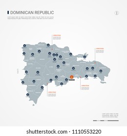 Dominican Republic map with borders, cities, capital Santo Domingo and
administrative divisions. Infographic vector map. Editable layers clearly labeled.