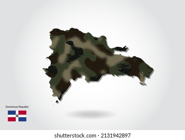 Dominican Republic map with camouflage pattern, Forest - green texture in map. Military concept for army, soldier and war. coat of arms, flag.